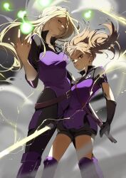  2girls acbi_0706 black_gloves black_pants black_shirt black_shorts blonde_hair boots breasts commentary energy_ball energy_sword feet_out_of_frame gloves green_eyes highres holding holding_sword holding_weapon kako_nozomi kako_squad's_uniform kuroe_futaba long_hair long_sleeves looking_at_viewer medium_breasts multiple_girls pants purple_boots purple_shirt red_eyes shirt shorts sword trion_cubes_(world_trigger) twintails two-tone_shirt weapon world_trigger 