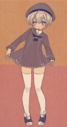  1girl black_neckerchief blue_dress blue_eyes blue_hat blue_sailor_collar blush commentary_request dress grey_hair hair_between_eyes hat holding_own_dress kantai_collection long_sleeves neckerchief sailor_collar sailor_dress sanada_nako shoes short_dress short_hair simple_background smile solo standing thigh-highs two-tone_background white_thighhighs z1_leberecht_maass_(kancolle) 