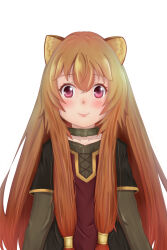  1girl animal_ear_fluff animal_ears black_dress blush brown_hair child closed_mouth collar collarbone commentary_typo dress english_commentary grey_dress hair_between_eyes hair_tubes highres layered_dress long_hair long_sleeves looking_at_viewer messy_hair metal_collar metal_hair_tubes mixed-language_commentary pink_eyes pinstripe_dress pinstripe_pattern raccoon_ears raccoon_girl raphtalia raphtalia_(young) red_dress sawatan_(euphoria_winter) short_sleeves simple_background smile solo straight-on tate_no_yuusha_no_nariagari two-tone_dress upper_body white_background 