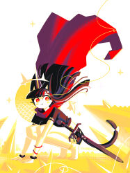  1girl all_fours andaerz animal_ears anklet barefoot black_hair black_shirt black_shorts blunt_bangs bow bracelet breasts cape cat_ears cat_girl cat_girl_(andaerz) cat_tail cross_hair_ornament detached_wings fishnet_sleeves fishnets hair_ornament halo highres jewelry large_ears limited_palette long_hair looking_at_viewer original red_cape red_eyes sheath sheathed shirt shorts solo sword t-shirt tail tail_bow tail_ornament weapon wings 