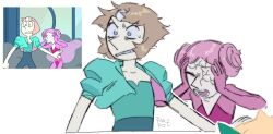  2girls animification canon_event cracked_skin derivative_work double_bun fake_doe gem gem_(steven_universe) hair_bun multiple_girls pearl_(steven_universe) pink_hair pink_pearl_(steven_universe) screenshot_inset screenshot_redraw shirt short_hair simple_background steven_universe steven_universe_future 