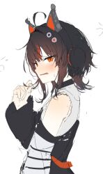  1girl ahoge animal_ear_headphones animal_ears arm_belt asymmetrical_sleeves bare_shoulders black_choker black_hair black_sweater cat_ear_headphones cat_ears choker eyeball_hair_ornament fake_animal_ears headphones katata long_sleeves looking_at_viewer mahou_shoujo_no_majo_saiban multicolored_hair off-shoulder_sweater off_shoulder orange_eyes orange_streaks sawatari_coco shirt short_hair simple_background sketch slit_pupils solo streaked_hair striped_sleeves sweater white_background white_shirt 