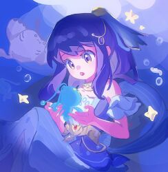  1girl :o air_bubble akari_(pokemon) akari_(summer_2026)_(pokemon) blue_dress blue_eyes blue_hair bubble chinese_commentary commentary_request dress highres long_hair looking_at_another manaphy mantine official_alternate_costume open_mouth phione pokemon pokemon_(creature) pokemon_masters_ex qianzhi_(akv31dh8ypasgvx) sleeveless sleeveless_dress solo star_(symbol) underwater 