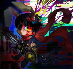  1boy animal animal_ears black_eyes black_hair black_pants blood blood_on_face blue_hoodie blue_scarf chainsaw chibi dark_background dog glitch_art hood hoodie j-core looking_at_viewer male_focus matcha_smith ozigiri paint_splatter pants rabbit_ears red_scarf rinnegan scarf short_hair smile solo 