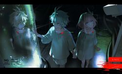  1boy 1girl aged_down bandaged_arm bandages camera commentary cyrene_(honkai:_star_rail) cyrene_(philia093)_(honkai:_star_rail) grey_pants grey_robe grey_shirt highres holding_hands honkai:_star_rail honkai_(series) laboratory multicolored_hair pants phainon_(honkai:_star_rail) pink_hair robe shirt short_hair ss_un17 stasis_tank two-tone_hair white_hair 