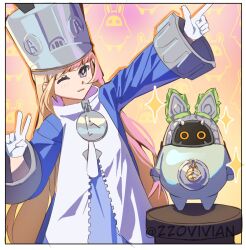  1girl 1other blonde_hair blue_jacket blush closed_mouth commentary english_commentary gloves grey_hat grey_helmet hat helmet highres jacket large_hat long_hair looking_at_viewer norma_hollowell one_eye_closed shako_cap smile star_(symbol) twitter_username upper_body violet_eyes white_gloves zenless_zone_zero zz0vivianart 