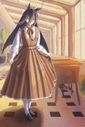  1girl absurdres ahoge animal_ears bardthird black_hair black_shoes blush bow brown_bow brown_dress closed_mouth dress hair_between_eyes highres holding_own_dress horse_ears horse_girl long_bangs long_hair long_hair_between_eyes long_sleeves manhattan_cafe_(umamusume) multicolored_hair pantyhose shirt shoes solo umamusume white_hair white_pantyhose white_shirt yellow_eyes 