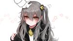  1girl 1other bangs black_jacket blush brown_eyes closed_mouth collared_shirt dokomon flying_sweatdrops girls_frontline gloves grey_hair hair_between_eyes headpat jacket long_hair long_sleeves one_side_up open_clothes open_jacket out_of_frame pink_nails scar scar_across_eye shirt simple_background sleeves_past_wrists starry_background sweat ump45_(girls&#039;_frontline) upper_body very_long_hair white_background white_gloves white_shirt 