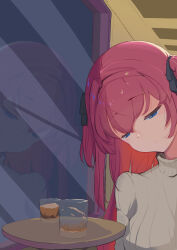  1girl absurdres black_ribbon blue_eyes closed_mouth commentary_request facial_mark fire_emblem fire_emblem_cipher gloom_(expression) grey_sweater hair_ribbon highres ice ice_cube indoors jian_nan_yu_jiu_meng_meng_da kamiina_botan kamiina_botan_yoeru_sugata_wa_yuri_no_hana long_hair pink_hair reflection ribbon sweater turtleneck turtleneck_sweater two_side_up whisker_markings window 
