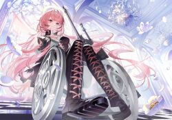 1girl angel_wings arknights b4_beforee00 black_boots boots closed_mouth commentary gun halo lace-up_boots lemuen_(arknights) light_smile long_hair pink_eyes pink_hair rifle sniper_rifle solo thigh_boots thighs untranslatable_commentary weapon wheelchair wings 