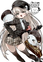  1girl :3 absurdres armband black_boots black_necktie blonde_hair blunt_bangs boots chu_yeon commentary commission cuffs fangs ghost hat highres logo long_hair mesugaki necktie newsboy_cap pantyhose plaid_clothes plaid_skirt raised_eyebrows red_armband school_uniform shackles shirt skirt solo tsurime very_long_hair white_background white_shirt yellow_eyes 