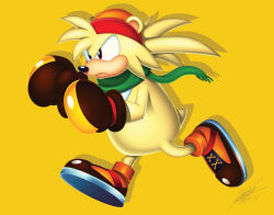  1boy animal_ears bark_the_polar_bear beanie bear_boy bear_ears blonde_hair clenched_hands closed_mouth english_commentary furry furry_male green_scarf hat looking_to_the_side male_focus orange_hat running scarf signature sonic_(series) sonic_the_fighters sonic_the_hedgehog_(classic) tyler_mcgrath yellow_background yellow_fur 