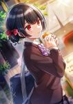  1girl bag black_hair blazer blurry blurry_background blush bow bowtie croquette hair_bun highres idolmaster idolmaster_shiny_colors jacket lens_flare morino_rinze outdoors piroshiki123 red_eyes school_bag school_uniform single_side_bun smile solo sparkle 