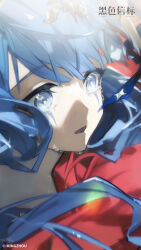  2girls absurdres aratos_(black_beacon) black_beacon blue_eyes blue_hair copyright_name copyright_notice crying crying_with_eyes_open hair_ornament highres logo long_hair multiple_girls official_art official_wallpaper open_mouth phaenomena_(black_beacon) portrait red_hair solo_focus tears 
