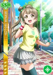  1girl anime_coloring black_thighhighs blue_sky blush bow breasts brown_hair card_(medium) character_name clouds collarbone cowboy_shot crosswalk day dot_nose flower flower_pot from_side green_bow grey_skirt hair_bow hand_up layered_skirt long_hair looking_afar looking_back love_live! love_live!_school_idol_festival love_live!_school_idol_project minami_kotori minami_kotori_(summer_training_wear) miniskirt official_art one_side_up open_mouth outdoors palms pavement plant potted_plant red_flower road shirt short_sleeves sidewalk skirt sky smile solo standing star_(symbol) storefront street sunlight t-shirt teeth thigh-highs tree upper_teeth_only utility_pole white_flower wristband yellow_eyes yellow_shirt 