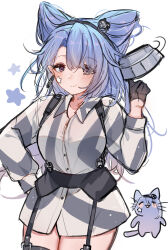  1girl animalization black_gloves blue_hair brown_eyes cat garter_straps gloves grey_shirt half_gloves hand_on_own_hip highres kantai_collection kaomoji_(sagor00237) long_hair number_earrings person_and_animalization pointy_hair reno_(kancolle) shirt smile standing star_(symbol) star_on_cheek suspenders two-tone_shirt white_background 