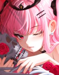  1girl absurdres black_choker black_nails black_tiara choker close-up closed_mouth commentary earrings flower hair_ornament hair_scrunchie hairclip highres hololive hololive_english jewelry long_hair looking_at_viewer mori_calliope nail_polish one_eye_closed pink_hair pink_nails red_eyes red_flower red_rose rose sansha_art scrunchie sidelocks skeleton skull_earrings solo tiara twintails virtual_youtuber 