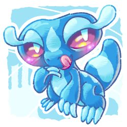  blue_theme colored_eyelashes commentary cyansixfour english_commentary facial_mark gecqua highres long_eyelashes long_fingers pokemon pokemon_(creature) slit_pupils teardrop_facial_mark tongue tongue_out violet_eyes 