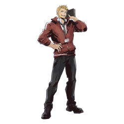  1boy absurdres beard black_pants blonde_hair blue_eyes book collared_shirt facial_hair final_fantasy final_fantasy_vii final_fantasy_vii:_ever_crisis fujise_lisa full_body glenn_lodbrok grey_neckerchief hand_on_own_hip highres holding holding_book jacket looking_at_viewer male_focus neckerchief official_alternate_costume official_art open_mouth pants red_jacket shirt short_hair smile solo square_enix standing white_background white_shirt 