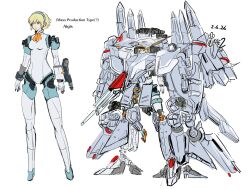  1girl aigis_(persona) alyzeus android armor beam_cannon beam_rifle blonde_hair blue_eyes bow bowtie commentary energy_gun english_commentary finger_cannon gold_hairband gundam gundam:_hathaway's_flash hairband headphones highres joints kaen_(yoltablaze) missile_pod mobile_armor no_feet nu_gundam_mp_type persona persona_3 robot_ears robot_girl robot_joints short_hair simple_background solo v-fin weapon white_background 