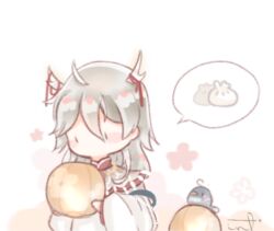  1boy ahoge animal antlers beads bird black_eyes blue_shawl blush_stickers capelet chibi chinese_clothes chinese_commentary commentary_request deer_antlers deer_boy downturned_eyes floral_background flower food grey_bird grey_capelet grey_hair hair_between_eyes hanfu holding holding_lantern horn_ornament horn_ribbon horns interruption_(echo-023) lantern long_hair long_hair_between_eyes long_sleeves looking_at_object luming_(shining_nikki) male_focus nikki_(series) no_mouth paper_lantern pink_flower red_ribbon ribbon shawl shining_nikki signature solid_oval_eyes solo speech_bubble spoken_food steamed_bun upper_body white_background white_hanfu white_horns wide_sleeves yunjian 