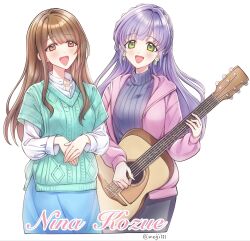  2girls 6th_live_dream_~bloom_garden_party~ :d animification black_skirt bloom_garden_party_jacket blue_skirt blush braid character_name commentary_request cosplay cowboy_shot crown_braid earrings flower_earrings flower_stand_art green_eyes green_sweater grey_sweater guitar hair_intakes hanamiya_nina highres holding holding_guitar holding_instrument holding_plectrum hood hood_down hooded_jacket instrument jacket jewelry long_sleeves looking_at_viewer love_live! love_live!_hasu_no_sora_jogakuin_school_idol_club love_live!_hasu_no_sora_jogakuin_school_idol_club_bloom_garden_party meiji_(mosamoo3) multiple_girls necklace open_clothes open_jacket open_mouth otomune_kozue otomune_kozue_(cosplay) otomune_kozue_(in_university) pink_jacket plectrum purple_hair real_life ribbed_sweater shirt short-sleeved_sweater short_sleeves simple_background skirt smile sweater turtleneck turtleneck_sweater twitter_username voice_actor voice_actor_connection white_background white_shirt 