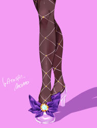  1girl absurdres ankle_ribbon black_pantyhose bow feet fine_fabric_emphasis foot_focus footwear_bow godouyu_(neisukun) high_heels highres jacinthe_(pokemon) leg_ribbon legs lower_body out_of_frame pantyhose pink_background pokemon pokemon_legends:_z-a purple_background purple_bow ribbon shiny_clothes shoes simple_background solo standing tiptoes 