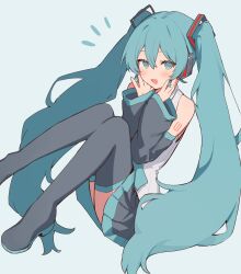  1girl :d absurdres bare_shoulders black_boots black_skirt black_sleeves blue_background blue_eyes blue_hair blush boots commentary_request detached_sleeves double-parted_bangs foot_out_of_frame hair_between_eyes hands_up hatsune_miku highres long_hair long_sleeves looking_at_viewer miniskirt notice_lines open_mouth pleated_skirt shiratakiseaice shirt simple_background skirt sleeveless sleeveless_shirt smile solo thigh_boots twintails very_long_hair vocaloid white_shirt wide_sleeves 