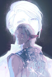  2boys commentary dark-skinned_male dark_skin elezen elf english_commentary english_text facial_mark final_fantasy final_fantasy_xiv hair_slicked_back highres jewelry looking_at_viewer madaizi male_focus multiple_boys muscular muscular_male old open_mouth pointy_ears scar short_hair side_part simple_background smile the_president_(ff14) the_tyrant_(ff14) wrinkled_skin 