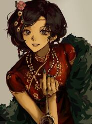  1girl alternate_costume black_hair blue_eyes china_dress chinese_clothes commentary_request dress facial_mark feather_boa flower forehead_mark grey_background grin hair_flower hair_ornament hand_up highres holding holding_smoking_pipe jewelry korean_commentary looking_at_viewer mikkang necklace paper_heron pearl_necklace pink_flower red_dress reverse:1999 short_sleeves smile smoking_pipe solo updo upper_body 