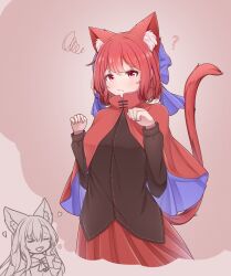  2girls :d ? animal_ear_fluff animal_ears black_shirt bow cape cat_ears cat_girl cat_tail closed_eyes commentary_request dress hair_bow hashi2387 heart highres imaizumi_kagerou kemonomimi_mode multiple_girls open_mouth paw_pose purple_bow purple_cape red_cape red_skirt ribbon-trimmed_bow ribbon_trim sekibanki shirt skirt smile solo_focus speech_bubble squiggle tail thought_bubble touhou two-sided_cape two-sided_fabric wolf_ears wolf_girl 