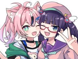  2girls :d ;d ahoge animal_ear_fluff animal_ears beat_mario_(vtuber) black_choker blue_eyes blush cat_ears cat_girl choker collarbone commentary_request crossed_bangs double-parted_bangs fang glasses green_eyes green_necktie hair_between_eyes hair_intakes hair_ornament hand_up hat highres indie_virtual_youtuber long_hair looking_at_viewer marashii_(vtuber) multiple_girls necktie necoyu_(yuyudomino) one_eye_closed open_mouth pink_hair pink_hat pink_shirt purple_hair purple_sailor_collar red-framed_eyewear sailor_collar semi-rimless_eyewear shirt sidelocks simple_background smile striped_clothes striped_necktie under-rim_eyewear upper_body v virtual_youtuber white_background white_shirt wing_hair_ornament 