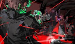  3boys animification antenna_hair black_coat black_pants brown_hair cape clenched_teeth coat commentary cyborg edd_(eddsworld) eddsworld energy_gun flipped_hair from_behind future_edd_(eddsworld) green_hoodie hair_ears hands_up highres holding holding_energy_gun holding_weapon hood hood_down hoodie kuangzihaixing laser long_sleeves male_focus mature_male mechanical_arms military_coat military_uniform multiple_boys painterly pants paul_(eddsworld) prosthesis prosthetic_arm ray_gun red_cape red_leader_(eddsworld) short_hair single_mechanical_arm teeth the_beginning_and_the_friend tord_(eddsworld) trench_coat weapon 