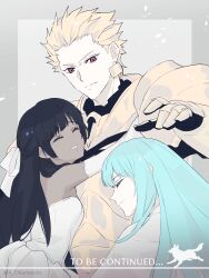  1boy 1girl 1other aopix_001 armor bare_shoulders black_hair blonde_hair blue_hair closed_eyes closed_mouth colored_skin commentary_request copyright_name dark-skinned_female dark_skin dress earrings elbow_gloves english_text enkidu_(fate) fate/strange_fake fate_(series) gauntlets gilgamesh_(fate) gloves gold_armor green_hair grey_background hair_ribbon highres hug jewelry long_hair multiple_girls red_eyes ribbon short_hair shoulder_armor sidelocks smile strapless tears tine_chelc to_be_continued twitter_username white_dress white_gloves wolf_(fate) 