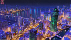  3d arsenixc bilingual_commentary black_sky bridge building car cityscape commentary copyright_logo copyright_notice highres logo mixed-language_commentary motor_vehicle night nikki_(series) no_humans ocean power_lines realistic reflection reflective_liquid river road scenery shining_nikki sky skyscraper star_(sky) starry_sky street water 