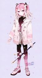  1girl a.i._voice adachi_rei adversarial_noise arm_at_side belt branch cherry_blossoms closed_mouth coat commentary_request flower full_body gloves grey_skirt hair_flower hair_ornament hair_ribbon headset highres hinoki_(yesfish1117) holding holding_branch looking_at_viewer medium_hair one_side_up open_clothes open_coat orange_eyes orange_hair pale_colors pantyhose petals purple_background ribbon shirt shirt_tucked_in shoes skirt sneakers solo standing utau watermark white_coat white_gloves 