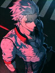  0nodera 1boy black_gloves commentary_request crosswalk dragon_print fate/grand_order fate_(series) gloves hair_slicked_back holding holding_sword holding_weapon jacket jewelry katana mouth_hold muscular muscular_male nagakura_shinpachi_(fate) necklace scar scar_on_arm scar_on_cheek scar_on_face sheath sheathed sleeves_rolled_up solo stalk_in_mouth sword weapon white_hair white_jacket 