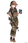  1girl absurdres assault_rifle bangs baseball_cap blonde_hair brown_footwear brown_headwear brown_shirt camouflage camouflage_pants closed_mouth commentary_request commission ear_protection fn_fnc full_body gun hair_between_eyes hat headset highres holding holding_gun holding_weapon looking_at_viewer ndtwofives original pants rifle shirt shoes short_sleeves simple_background smile standing twitter_username weapon white_background yellow_eyes 