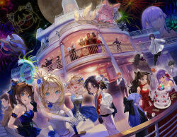 6+boys 6+girls aerial_fireworks ahoge animal_ears anniversary aozaki_aoko archer_(fate) arcueid_brunestud artoria_pendragon_(fate) beard birthday_cake black_bow black_dress black_gloves black_hair blonde_hair blue_dress blue_eyes blue_hair bow breasts brown_eyes brown_hair cake character_request commentary_request crown cup daeraeband dark_skin dress elbow_gloves emiya_kiritsugu emiya_shirou facial_hair fate/grand_order fate/stay_night fate/zero fate_(series) fireworks flower food fox_ears fox_girl fox_tail fujimaru_ritsuka_(female) full_moon gilgamesh_(fate) gloves green_eyes hair_bow hair_flower hair_ornament hair_over_one_eye hair_ribbon heracles_(fate) highres holding holding_weapon illyasviel_von_einzbern indra_(fate) iskandar_(fate) jacket japanese_clothes jeanne_d'arc_(fate) kimono kotomine_kirei kuonji_alice large_breasts len_(tsukihime) long_hair looking_at_viewer mash_kyrielight matou_sakura medium_breasts medusa_(fate) medusa_(rider)_(fate) moon multiple_boys multiple_girls multiple_tails necktie neco-arc night nrvnqsr_chaos official_alternate_costume open_mouth orange_hair outdoors pectorals pink_hair ponytail purple_hair railing red_dress red_eyes red_hair ribbon ryougi_shiki saber_(fate) shirt shizuki_soujuurou short_hair sidelocks skirt sky sleeveless sleeveless_dress smile strapless strapless_dress sword tail tamamo_no_mae_(fate) teeth tohno_shiki tohsaka_rin tsukihime twintails type-moon violet_eyes weapon white_dress white_gloves yellow_eyes 