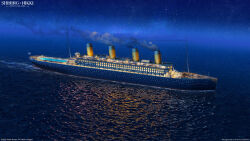  3d arsenixc bilingual_commentary blue_sky commentary copyright_logo copyright_notice cruise_ship dated_commentary english_commentary highres logo mixed-language_commentary nikki_(series) no_humans ocean official_art realistic reflection ripples scenery shining_nikki sky smoke star_(sky) starry_sky vehicle_focus water 