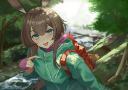  1girl :d absurdres alternate_costume amiya_(arknights) animal_ear_fluff animal_ears aqua_eyes arknights backpack bag blurry blurry_background brown_hair fingerless_gloves gloves green_jacket hand_up highres jacket light_blush long_hair long_sleeves looking_at_viewer outdoors purple_gloves rabbit_ears rabbit_girl red_bag remapack77 smile solo tree upper_body 