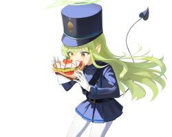  1girl absurdres blue_archive blue_hat blue_jacket blue_skirt demon_tail dokomon eating food fried_egg gloves green_hair halo hat highres hikari_(blue_archive) holding holding_food jacket long_hair long_sleeves orange_eyes pantyhose pleated_skirt pointy_ears sandwich shako_cap simple_background skirt solo standing tail very_long_hair white_background white_gloves white_pantyhose 