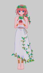  1girl bare_shoulders blue_eyes blush_stickers breasts brooch commentary_request dress full_body highres humanization jewelry kanafumi_(spindle) kirby kirby_(series) long_hair looking_at_viewer pink_hair ponytail simple_background smile solo white_background 