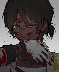  1boy arknights bishounen biting black_hair blood blood_on_clothes blood_on_face bright_pupils brown_eyes brown_hair commentary_request dark-skinned_male dark_skin dry-er gloves grey_background highres jacket long_sleeves looking_at_viewer male_focus orange_eyes ponytail portrait shirt short_hair short_ponytail simple_background solo thorns_(arknights) upper_body white_gloves white_pupils white_shirt 