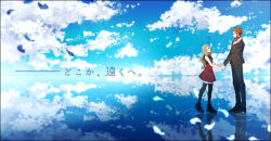  1boy 1girl black_coat black_pants black_shirt black_thighhighs blonde_hair blue_sky clouds cloudy_sky coat commentary_request day facing_another falling_petals fur-trimmed_coat fur_trim holding_hands horizon looking_at_another lysandre_(pokemon) outdoors pants petals pleated_skirt pokemon pokemon_x_and_y red_hair red_skirt reflection reflective_floor reflective_liquid saikei serena_(pokemon) shirt skirt sky thigh-highs translated 