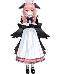  1girl absurdres apron black_bow black_dress black_shoes black_wings blue_archive blush bow braid closed_mouth collared_dress crossed_arms dokomon dress enmaided feathered_wings hair_bobbles hair_ornament hair_over_shoulder halo head_wings highres juliet_sleeves koharu_(blue_archive) long_sleeves looking_to_the_side low_twintails maid maid_headdress pantyhose pink_hair pink_skirt pleated_skirt puffy_sleeves red_eyes shoes simple_background skirt solo standing twin_braids twintails white_apron white_background white_pantyhose wings 