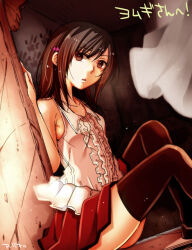  1girl aglio armpit_crease artist_name bare_arms bare_shoulders black_eyes black_hair black_thighhighs breasts center_frills commentary_request dutch_angle fatal_frame fatal_frame:_maiden_of_black_water feet_out_of_frame flower frilled_shirt frills from_side hair_flower hair_ornament hand_on_wall hand_up hinasaki_miu indoors knees_up light_particles long_hair looking_at_viewer looking_to_the_side miniskirt on_floor parted_lips pink_flower red_skirt shirt sitting skirt sleeveless sleeveless_shirt small_breasts solo thigh-highs translation_request white_shirt zettai_ryouiki 