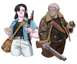  1boy 1girl absurdres ammunition ammunition_pouch bag belt black_eyes black_hair black_shirt blue_jacket brown_eyes brown_jacket brown_pants chewing colored_skin commentary eating english_commentary explosive fewer_digits frown grenade grey_hair gun gun_sling highres jacket open_clothes open_jacket pants paul_1ng pawn_(rimworld) pig_boy pig_girl pig_nose pigskin_(rimworld) pink_skin pointy_ears potato pouch rimworld satchel shirt shotgun shotgun_shell smile t-shirt weapon white_background white_pants 