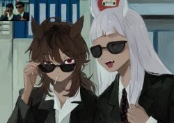  2girls absurdres abunai_deka adjusting_clothes ahoge alternate_costume animal_ears black_jacket blunt_bangs brown_hair candy collared_shirt derivative_work fang food food_in_mouth gold_ship_(umamusume) hair_between_eyes highres horse_ears horse_girl indoors jacket lollipop lollipop_in_mouth long_hair long_sleeves looking_at_viewer looking_over_eyewear low_ponytail multiple_girls nakayama_festa_(umamusume) necktie pineconete pink_eyes ponytail raised_eyebrow screenshot_inset screenshot_redraw shirt sunglasses tongue tongue_out two-tone_necktie upper_body white_hair white_shirt 