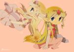  1girl artist_name belt blonde_hair blue_eyes blush dress floating_hair gloves jewelry long_hair multicolored_hair multiple_persona necklace parted_lips pink_dress princess_zelda the_legend_of_zelda the_legend_of_zelda:_spirit_tracks the_legend_of_zelda:_the_wind_waker tokuura 